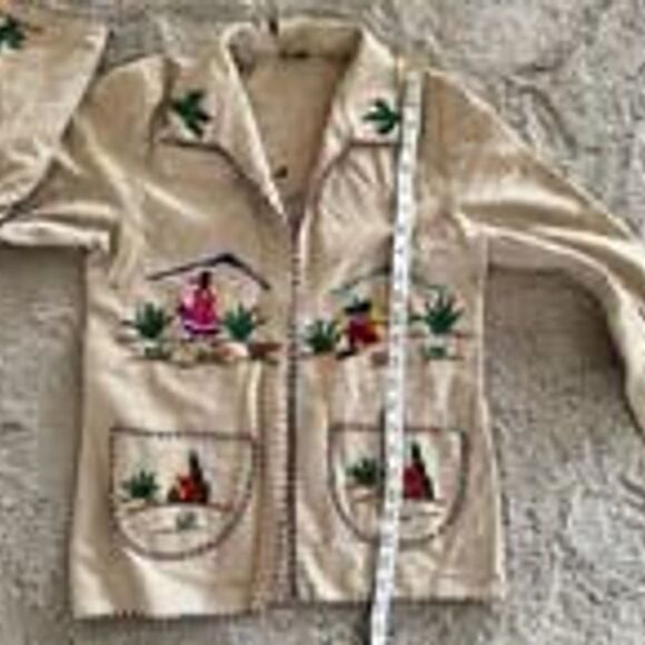 Vintage Lopez Mexican Wool Open Tourist Coat Jacket Yarn Embroidered Tan Sz S/M - Picture 8 of 12
